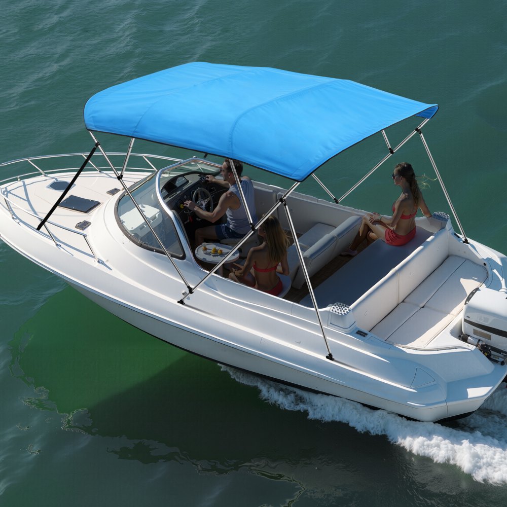 VEVOR 4 Bow Boat Bimini Tops, 600D Polyester Canopy with Aluminum Alloy Frame, Waterproof & Sun Shade Boat Awning Canopy with Storage Bag, 2 Support Poles, 4 Straps, 8'Lx(91"-96")Wx54"H, Pacific Blue