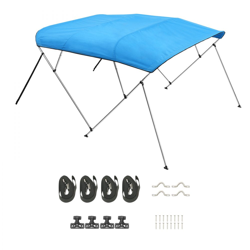 VEVOR 4 Bow Boat Bimini Tops, 600D Polyester Canopy with Aluminum Alloy Frame, Waterproof & Sun Shade Boat Awning Canopy with Storage Bag, 2 Support Poles, 4 Straps, 8'Lx(91"-96")Wx54"H, Pacific Blue