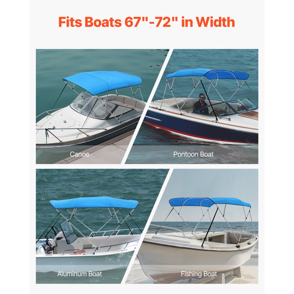 VEVOR 4 Bow Boat Bimini Tops, 600D Polyester Canopy with Aluminum Alloy Frame, Waterproof & Sun Shade Boat Awning Canopy with Storage Bag, 2 Support Poles, 4 Straps, 96"Lx(67"-72")Wx54"H, Pacific Blue