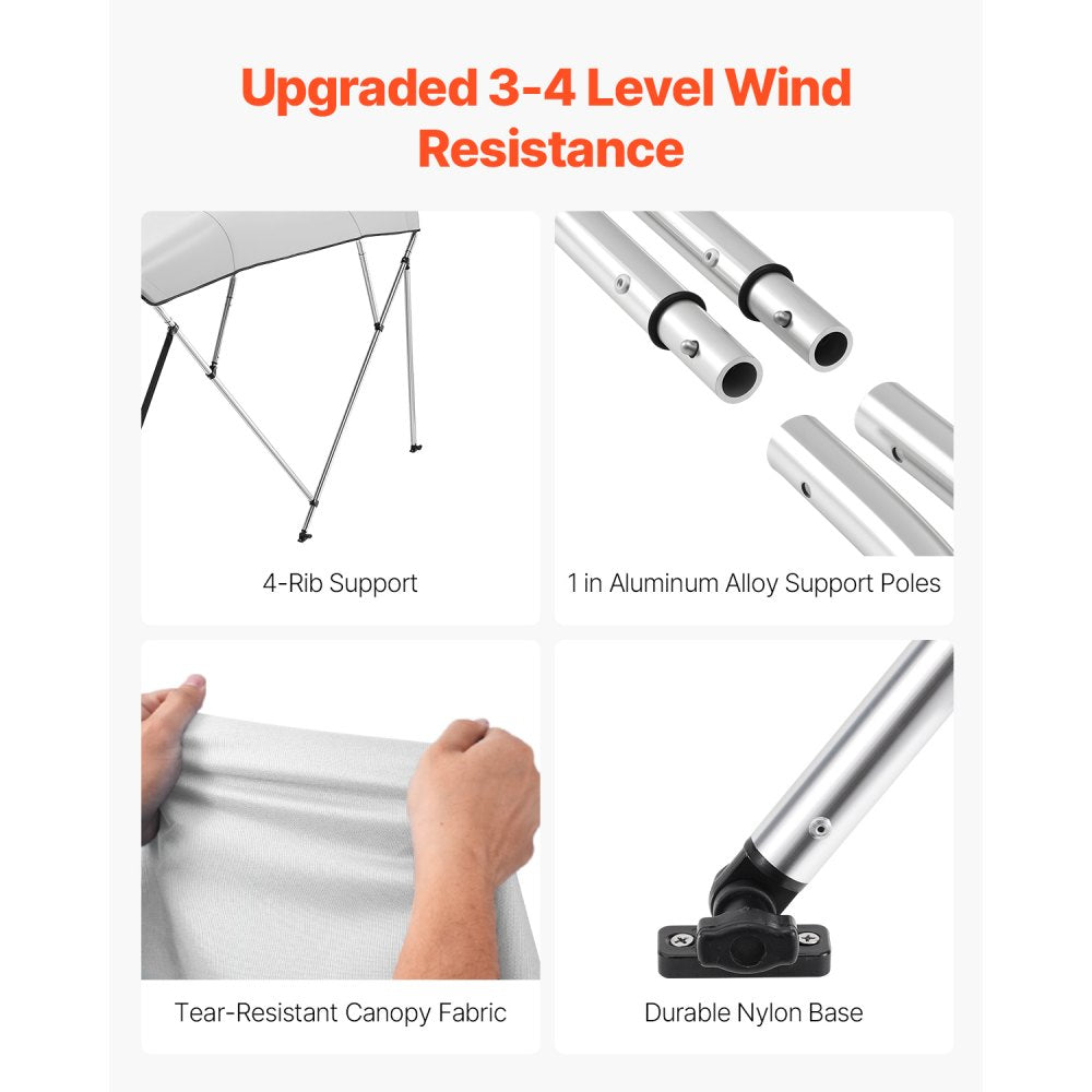 VEVOR 4 Bow Boat Bimini Tops, 600D Polyester Canopy with Aluminum Alloy Frame, Waterproof & Sun Shade Boat Awning Canopy with Storage Bag, 2 Support Poles, 4 Straps, 96"Lx(85"-90")Wx54"H, Light Grey