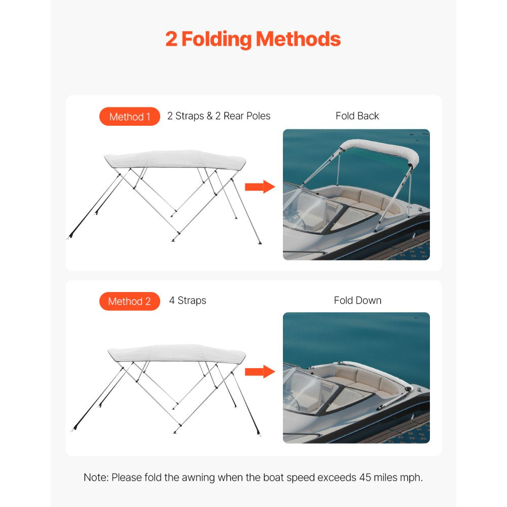 VEVOR 4 Bow Boat Bimini Tops, 600D Polyester Canopy with Aluminum Alloy Frame, Waterproof & Sun Shade Boat Awning Canopy with Storage Bag, 2 Support Poles, 4 Straps, 96"Lx(85"-90")Wx54"H, Light Grey