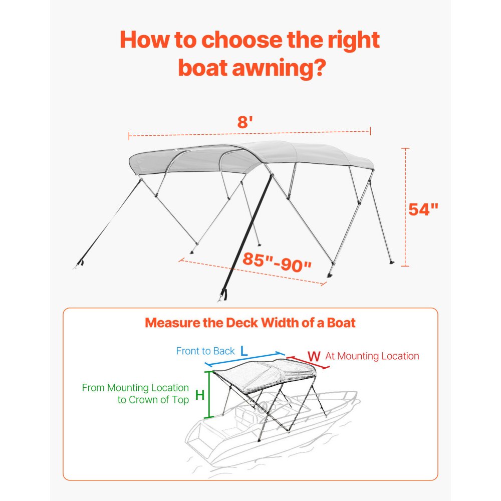 VEVOR 4 Bow Boat Bimini Tops, 600D Polyester Canopy with Aluminum Alloy Frame, Waterproof & Sun Shade Boat Awning Canopy with Storage Bag, 2 Support Poles, 4 Straps, 96"Lx(85"-90")Wx54"H, Light Grey