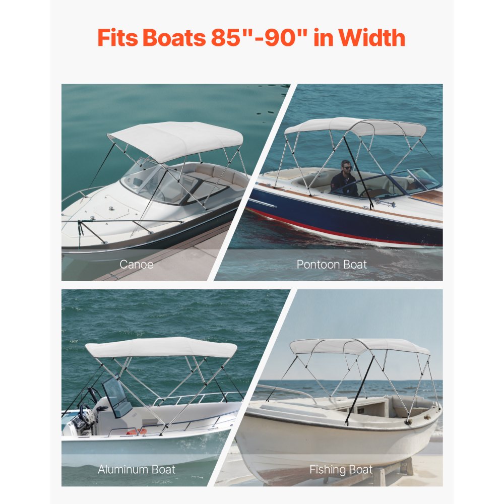 VEVOR 4 Bow Boat Bimini Tops, 600D Polyester Canopy with Aluminum Alloy Frame, Waterproof & Sun Shade Boat Awning Canopy with Storage Bag, 2 Support Poles, 4 Straps, 96"Lx(85"-90")Wx54"H, Light Grey
