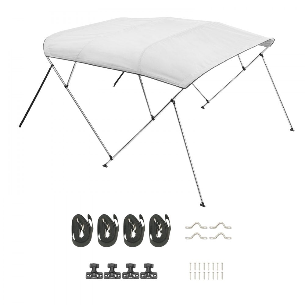 VEVOR 4 Bow Boat Bimini Tops, 600D Polyester Canopy with Aluminum Alloy Frame, Waterproof & Sun Shade Boat Awning Canopy with Storage Bag, 2 Support Poles, 4 Straps, 96"Lx(85"-90")Wx54"H, Light Grey