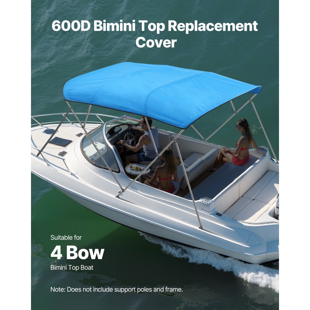 VEVOR 4 Bow Boat Bimini Tops, 600D Polyester Canopy, Waterproof & Sun Protection Boat Awning Canopy with Storage Bag, Bimini Top Replacement, 96"Lx(91"-96")W, Pacific Blue (Support Frame Not Included)