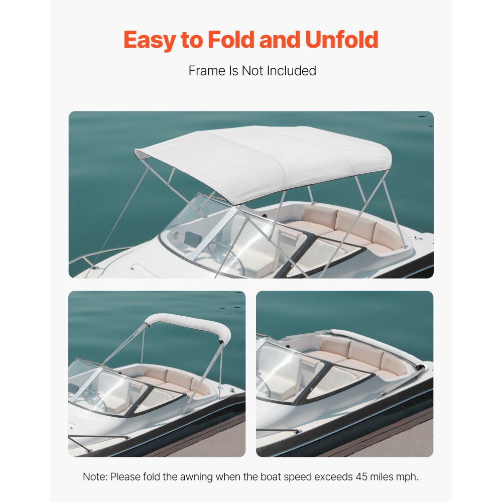 VEVOR 4 Bow Boat Bimini Tops, 600D Polyester Canopy, Waterproof & Sun Protection Boat Awning Canopy with Storage Bag, Bimini Top Replacement, 96"Lx(97"-103")W, Light Grey (Support Frame Not Included)