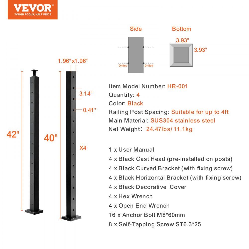 VEVOR 4-Pack Cable Railing Post, 42" x 2" x 2" Steel Horizontal Hole Deck Railing Post, 13 Pre-Drilled Holes, SUS304 Stainless Steel Cable Rail Post with Horizontal and Curved 4JZLGZ106755EAEN9V0