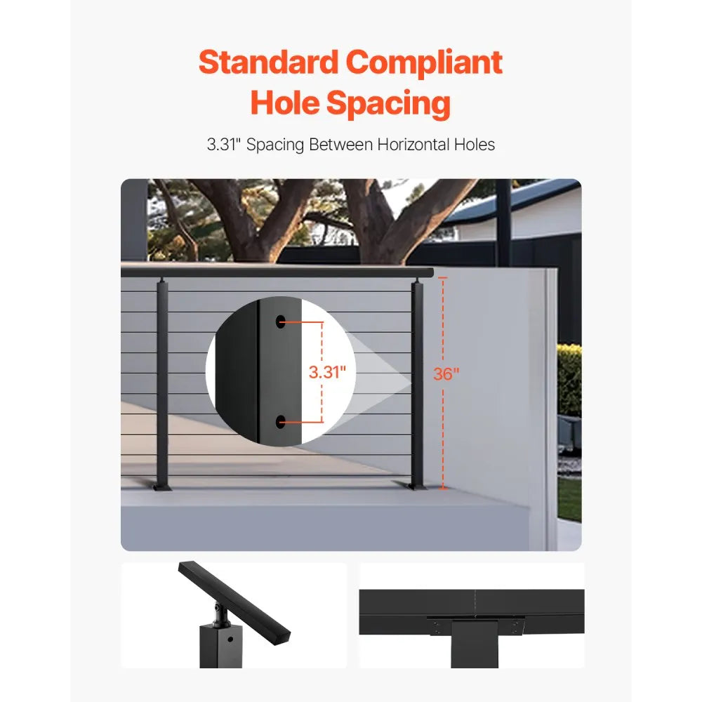 VEVOR 4-Pack Cable Railing Post, 36x2x2 In Horizontal-Hole Deck Railing Post with Pre-Drilled Holes, Stainless Steel Cable Rail Post with Horizontal and Curved Bracket, Black, 4JZLGZXHS914MY65M001V0
