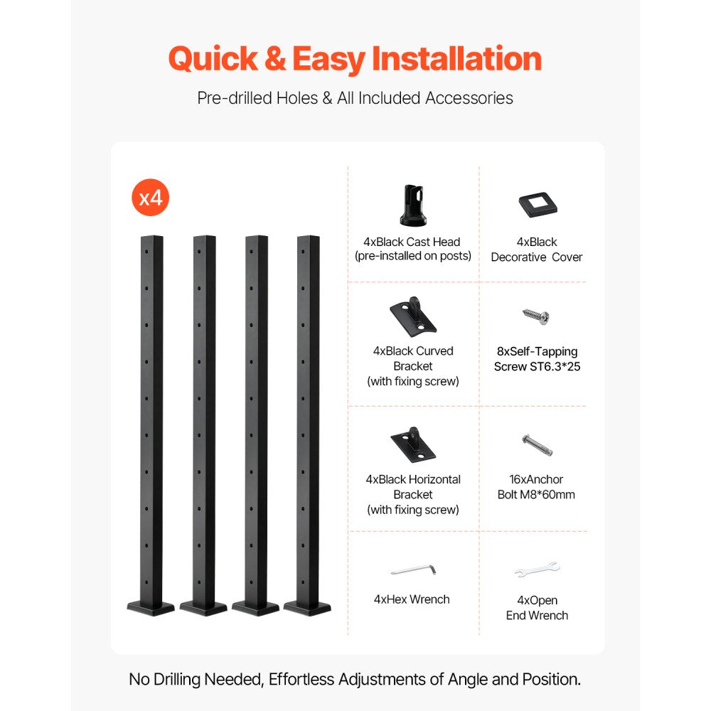 VEVOR 4-Pack Cable Railing Post, 36x2x2 In Horizontal-Hole Deck Railing Post with Pre-Drilled Holes, Stainless Steel Cable Rail Post with Horizontal and Curved Bracket, Black, 4JZLGZXHS914MY65M001V0