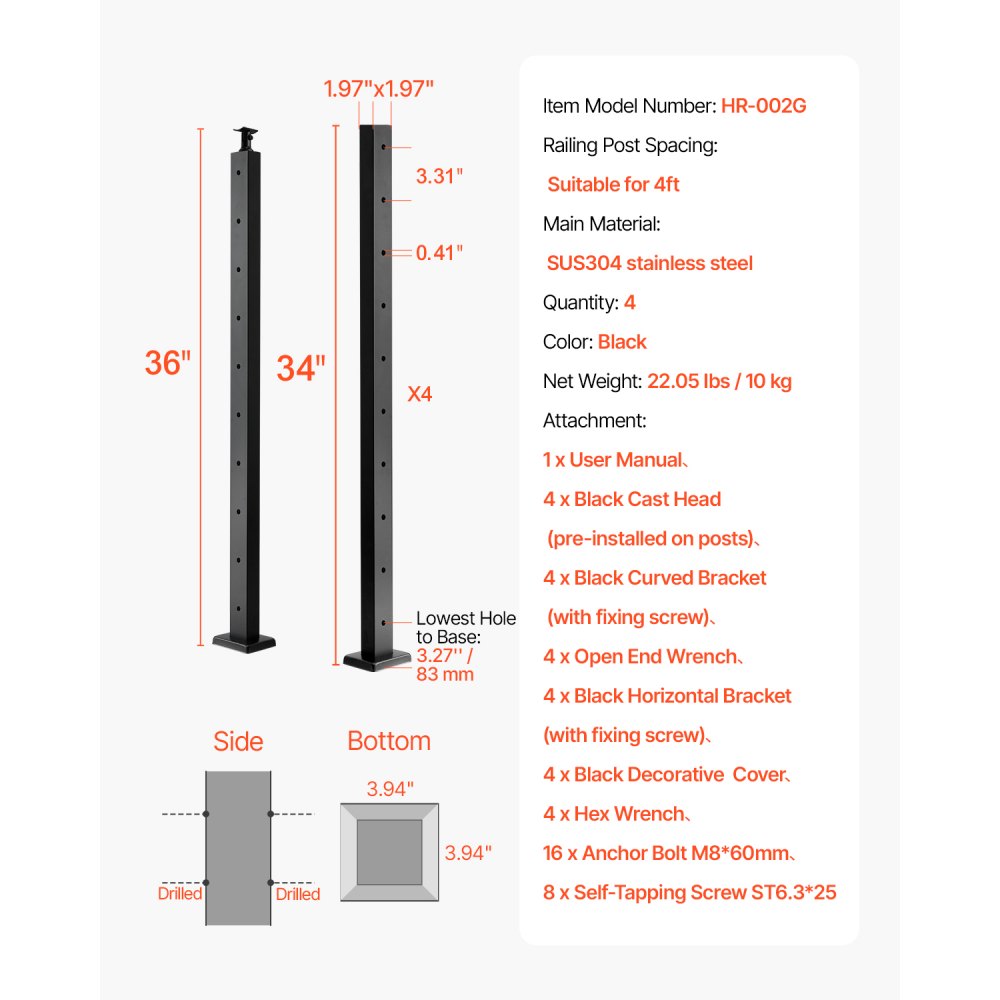 VEVOR 4-Pack Cable Railing Post, 36x2x2 In Horizontal-Hole Deck Railing Post with Pre-Drilled Holes, Stainless Steel Cable Rail Post with Horizontal and Curved Bracket, Black, 4JZLGZXHS914MY65M001V0
