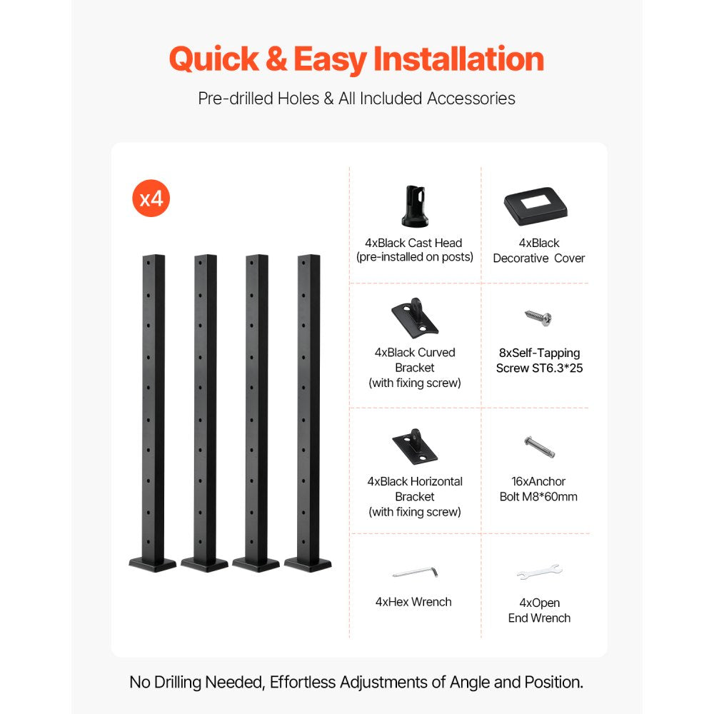 VEVOR 4-Pack Cable Railing Post, 36x1x2 In Horizontal-Hole Deck Railing Post with Pre-Drilled Holes, Stainless Steel Cable Rail Post with Horizontal and Curved Bracket, Black, 4JZLGZXHS914UUOI6001V0
