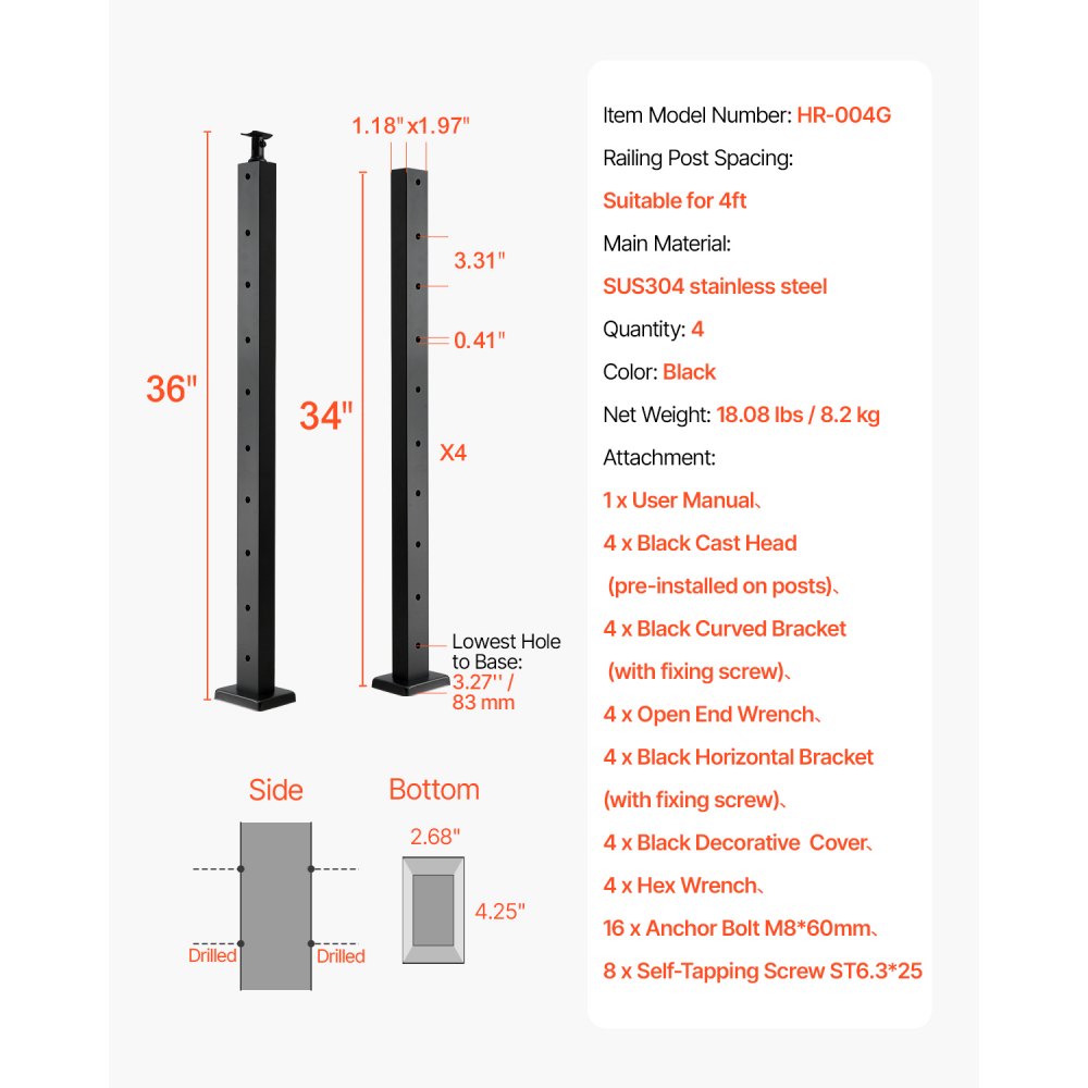 VEVOR 4-Pack Cable Railing Post, 36x1x2 In Horizontal-Hole Deck Railing Post with Pre-Drilled Holes, Stainless Steel Cable Rail Post with Horizontal and Curved Bracket, Black, 4JZLGZXHS914UUOI6001V0
