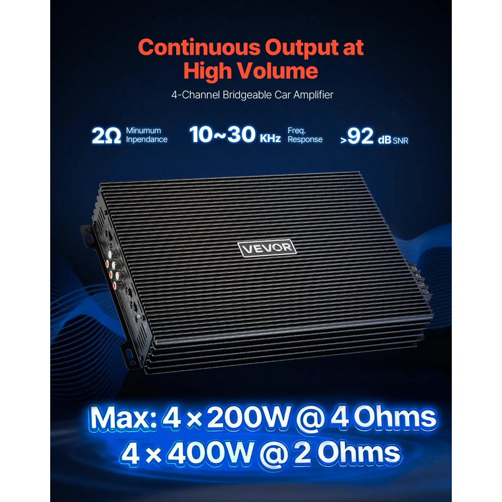 VEVOR 4 Channel Car Audio Amplifier 2 Ohm Stable Bridgeable Class A/B Full Range Amp Max Power 4 x 200W @ 4 Ohm / 4 x 400W @ 2 Ohm for Car SUV Truck Off-Road
