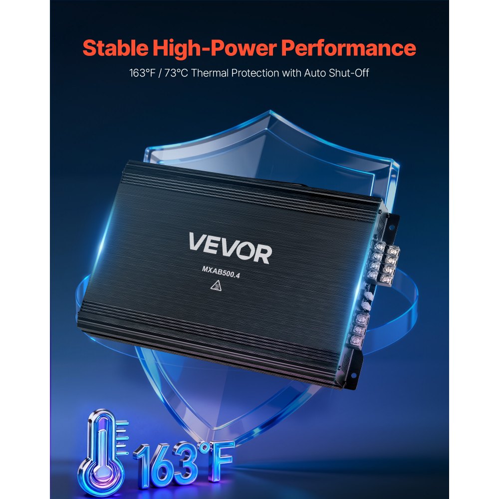 VEVOR 4 Channel Car Audio Amplifier 2 Ohm Stable Bridgeable Class A/B Full Range Amp Max Power 4 x 250W @ 4 Ohm / 4 x 500W @ 2 Ohm for Car SUV Truck Off-Road