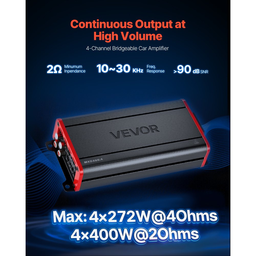 VEVOR 4 Channel Car Audio Amplifier 2 Ohm Stable Bridgeable Class D Full Range Amp Max Power 4 x 272W @ 4 Ohm / 4 x 400W @ 2 Ohm for Car SUV Truck Off-Road