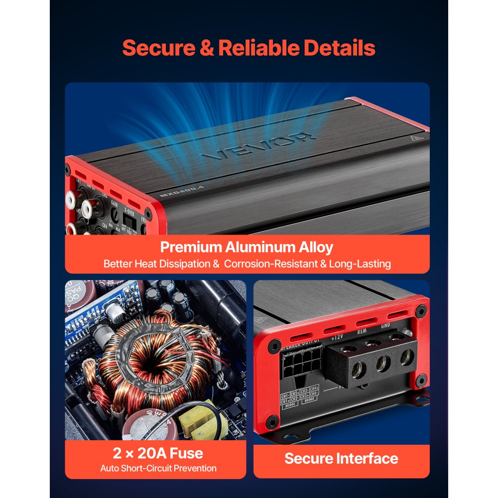 VEVOR 4 Channel Car Audio Amplifier 2 Ohm Stable Bridgeable Class D Full Range Amp Max Power 4 x 272W @ 4 Ohm / 4 x 400W @ 2 Ohm for Car SUV Truck Off-Road