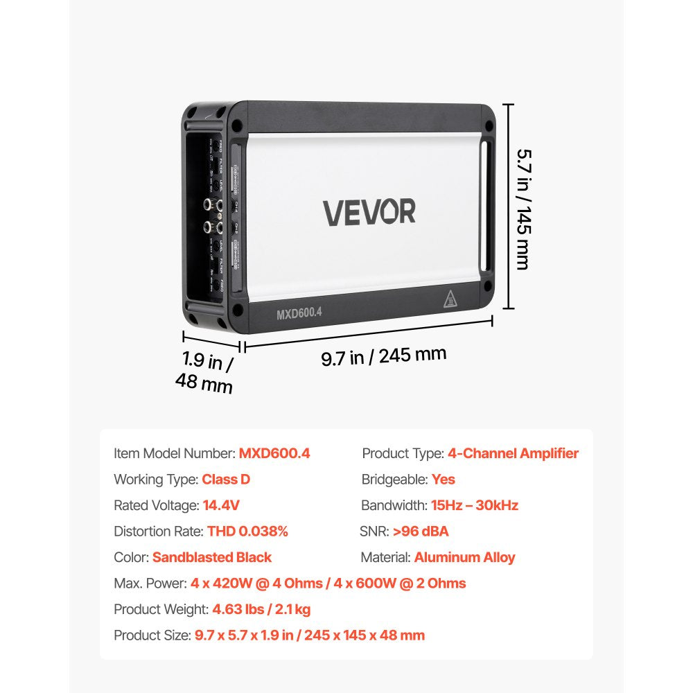 VEVOR 4 Channel Car Audio Amplifier 2 Ohm Stable Bridgeable Class D Full Range Amp Max Power 4 x 420W @ 4 Ohm / 4 x 600W @ 2 Ohm for Car SUV Truck Off-Road