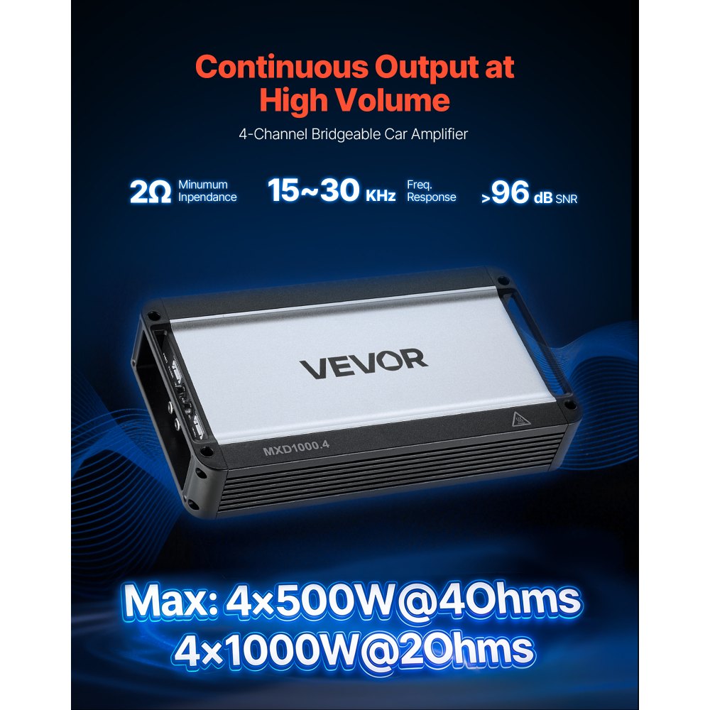 VEVOR 4 Channel Car Audio Amplifier 2 Ohm Stable Bridgeable Class D Full Range Amp Max Power 4 x 500W @ 4 Ohm / 4 x 1000W @ 2 Ohm for Car SUV Truck Off-Road
