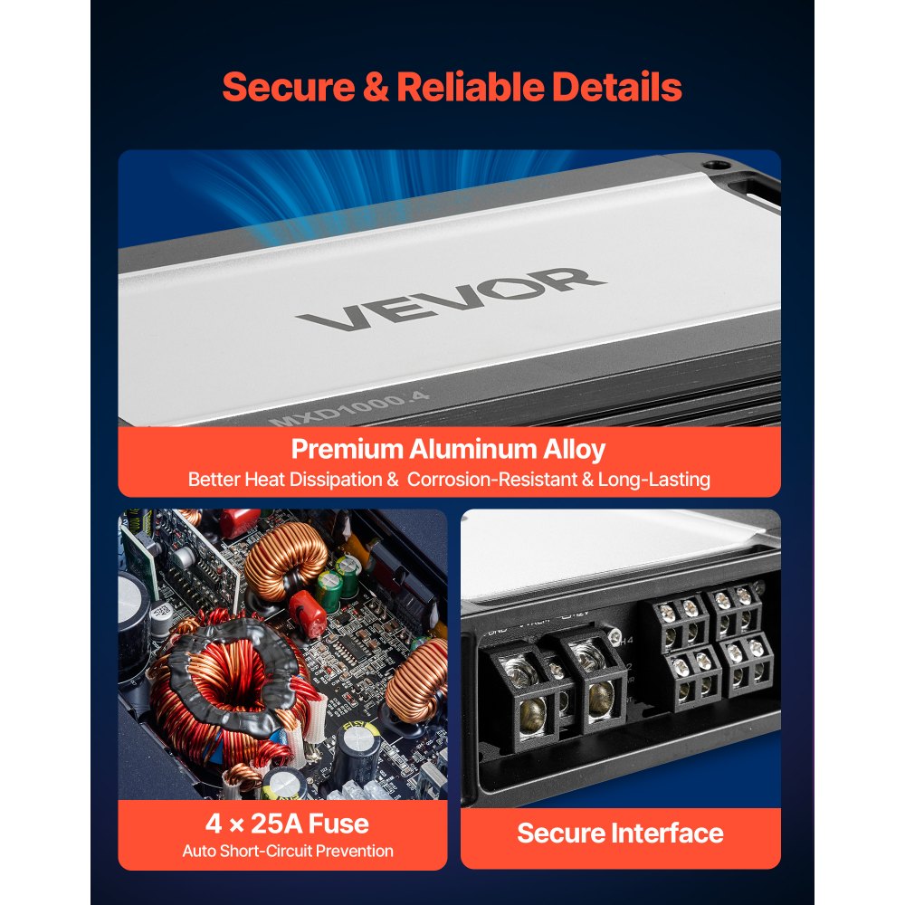 VEVOR 4 Channel Car Audio Amplifier 2 Ohm Stable Bridgeable Class D Full Range Amp Max Power 4 x 500W @ 4 Ohm / 4 x 1000W @ 2 Ohm for Car SUV Truck Off-Road