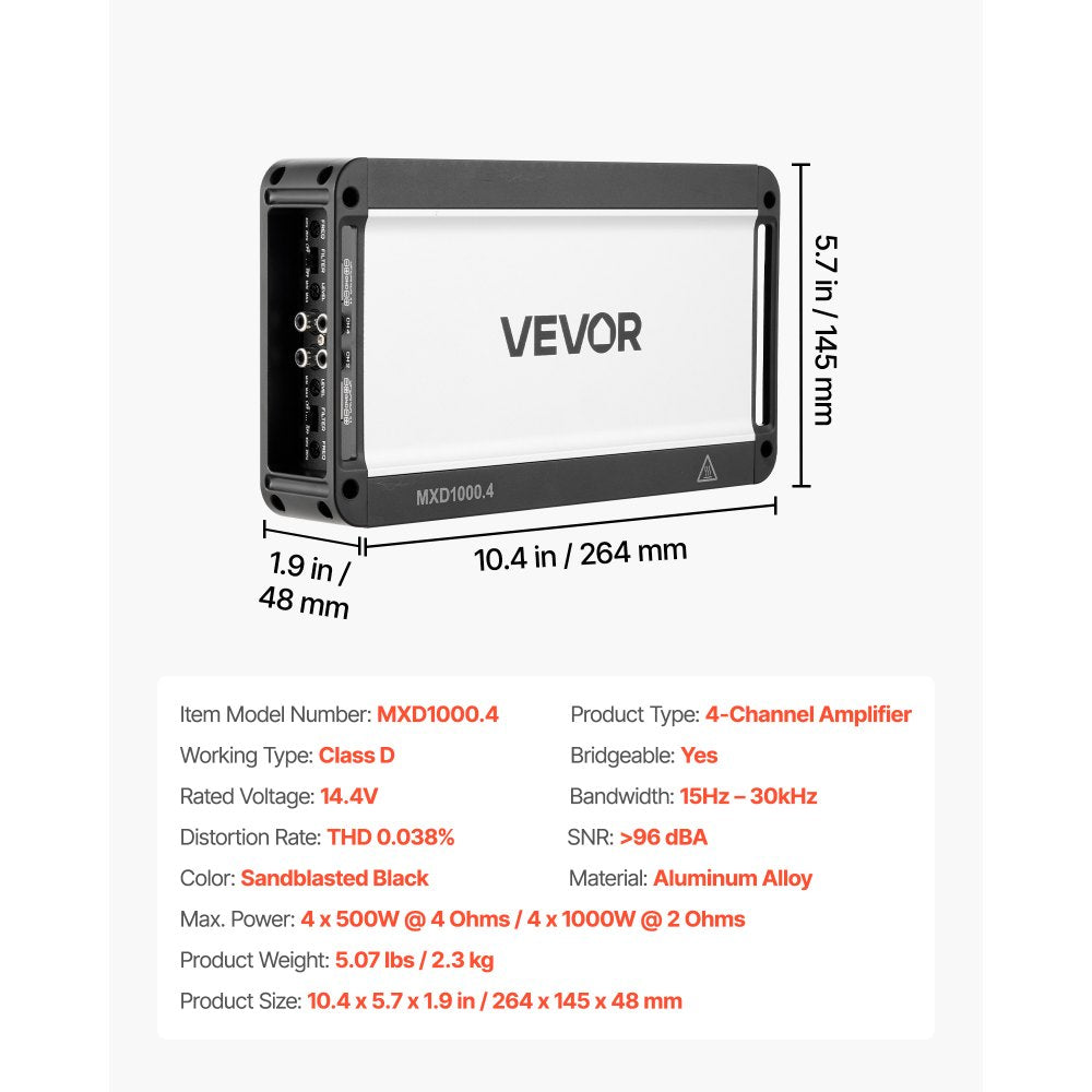 VEVOR 4 Channel Car Audio Amplifier 2 Ohm Stable Bridgeable Class D Full Range Amp Max Power 4 x 500W @ 4 Ohm / 4 x 1000W @ 2 Ohm for Car SUV Truck Off-Road