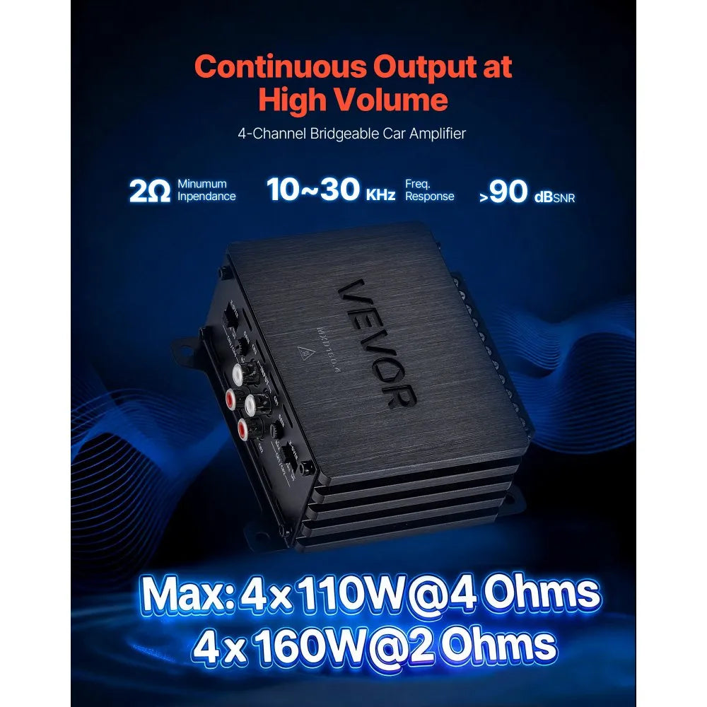 VEVOR 4 Channel Car Audio Amplifier 2 Ohm Stable Bridgeable Class D Full Range Amp Max Power 4 x 110W @ 4 Ohm / 4 x 160W @ 2 Ohm for Car SUV Truck Off-Road