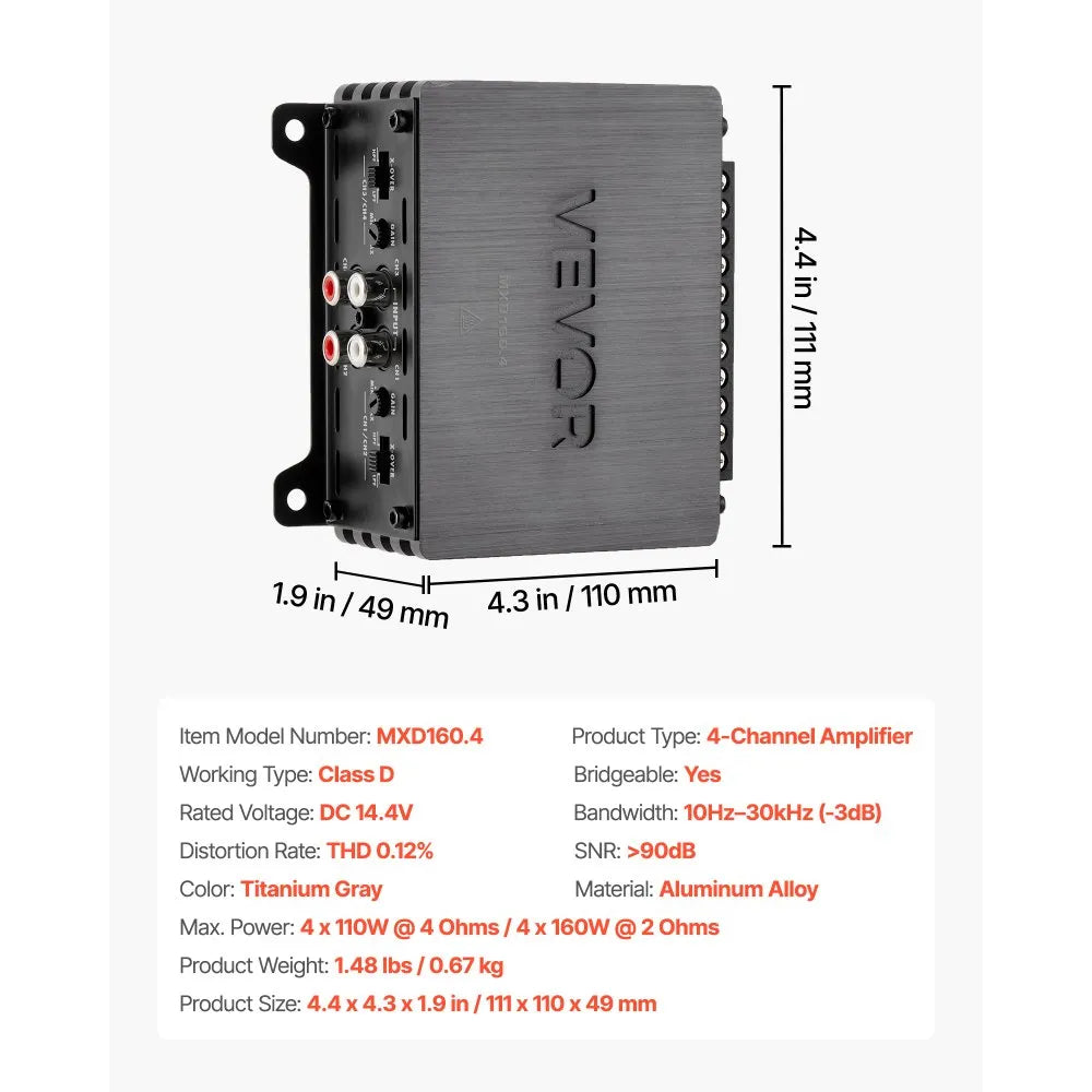 VEVOR 4 Channel Car Audio Amplifier 2 Ohm Stable Bridgeable Class D Full Range Amp Max Power 4 x 110W @ 4 Ohm / 4 x 160W @ 2 Ohm for Car SUV Truck Off-Road