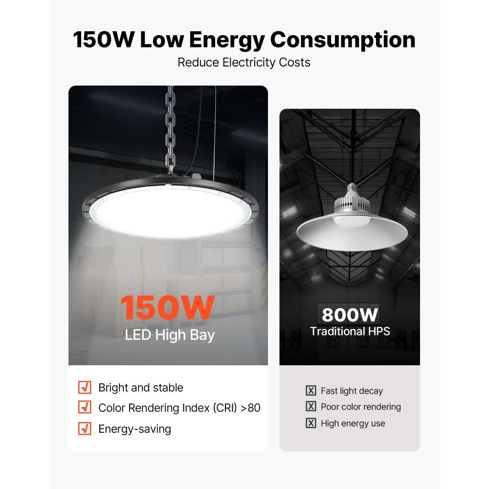 VEVOR 10 Pack LED High Bay Lights 5000K 150W 21000LM Super Bright UFO Light, Warehouse Shop Use, IP65 Waterproof, 100-277V Wide Voltage, Aluminum Alloy, for Workshop Factory Gym Garage Barn, Black