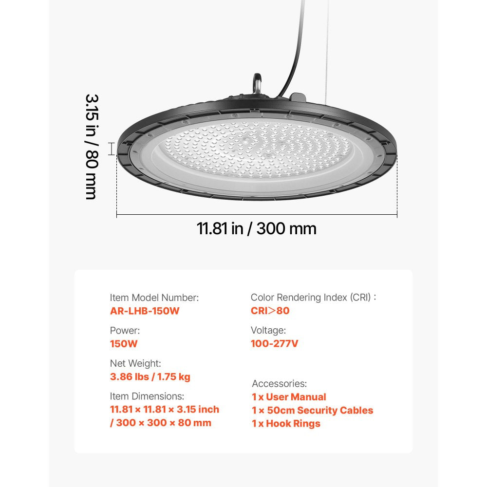 VEVOR 10 Pack LED High Bay Lights 5000K 150W 21000LM Super Bright UFO Light, Warehouse Shop Use, IP65 Waterproof, 100-277V Wide Voltage, Aluminum Alloy, for Workshop Factory Gym Garage Barn, Black