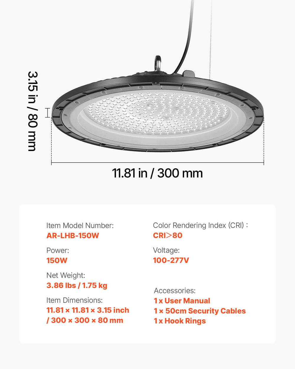 Dimensions and key specs infographic (11.81 in x 11.81 in x 3.15 in)