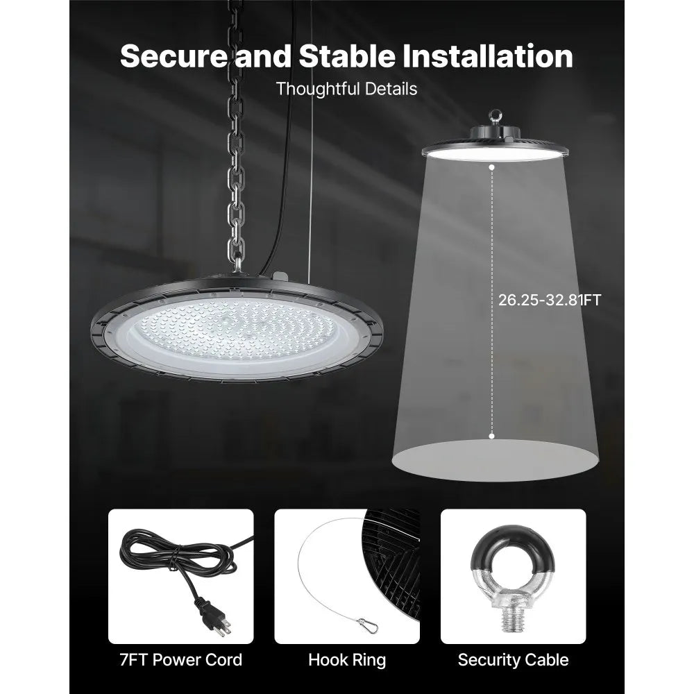 Secure and stable installation with 7 ft power cord, hook ring, security cable (infographic)