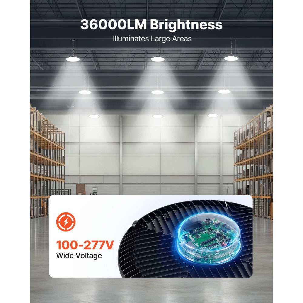 VEVOR 4 Pack LED High Bay Lights, 5000K 250W 36000LM Super Bright UFO LED Warehouse Shop Lights, IP65 Waterproof, 100-277V Wide Voltage for Warehouse Workshop Factory Gym Garage Barn, Black