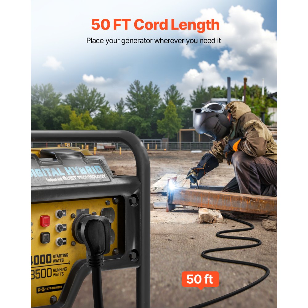 VEVOR Welder Extension Cord, 30 Amp 50 ft, Extension Cord for Portable Welders, NEMA 6-50P, 10/3 AWG, 250V, 7500W Heavy Duty Pure Copper Welder Cable, for Outdoor MIG TIG Plasma, STW Weather-proof