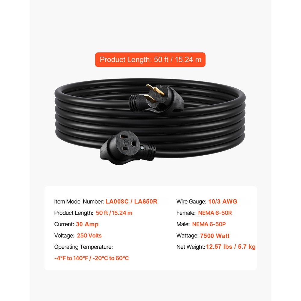 VEVOR Welder Extension Cord, 30 Amp 50 ft, Extension Cord for Portable Welders, NEMA 6-50P, 10/3 AWG, 250V, 7500W Heavy Duty Pure Copper Welder Cable, for Outdoor MIG TIG Plasma, STW Weather-proof