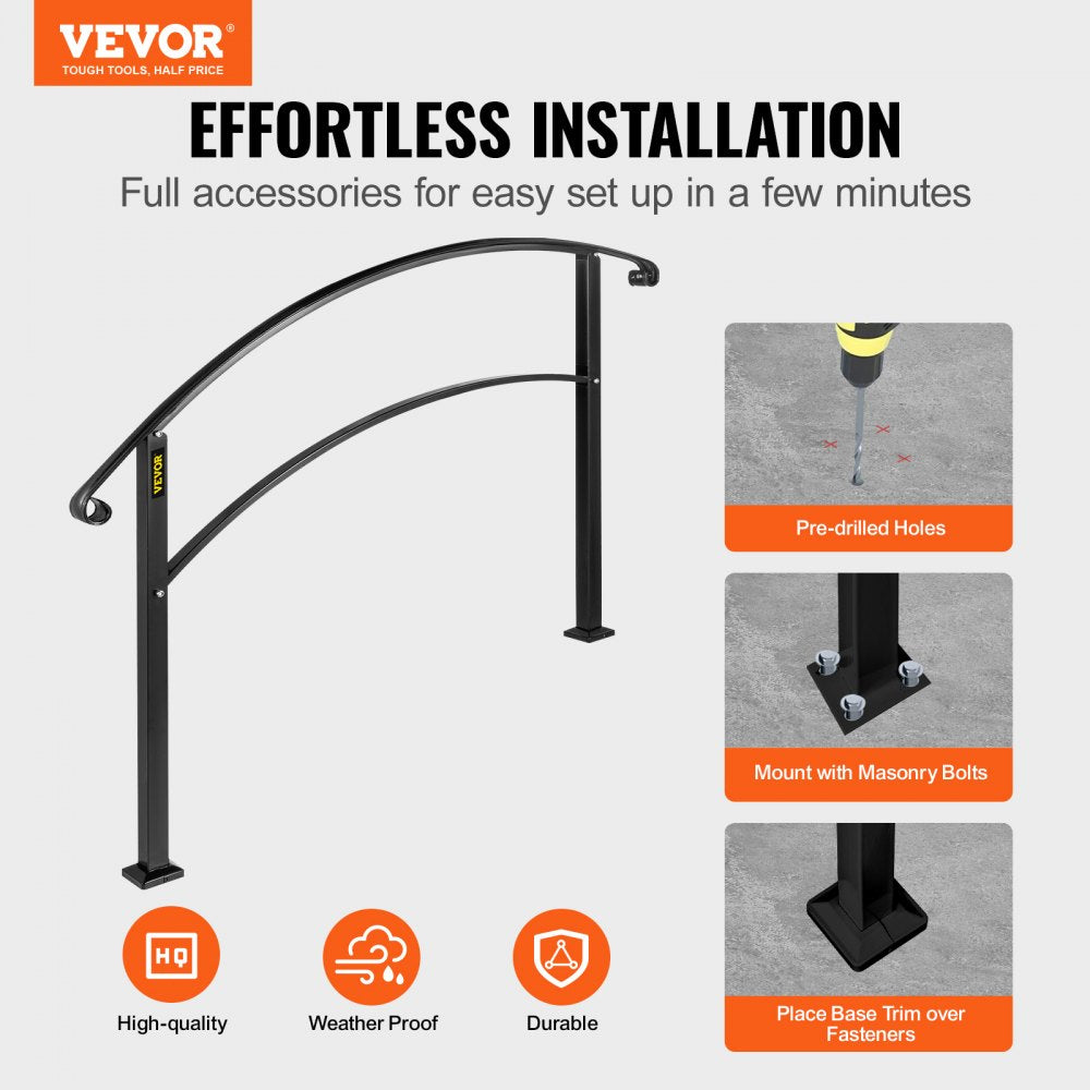 VEVOR Handrails for Outdoor Steps, Fit 1 or 5 Steps Outdoor Stair Railing, Black Wrought Iron Handrail, Flexible Front Porch Hand Rail, Transitional Handrails for Concrete Steps or Wooden Stairs