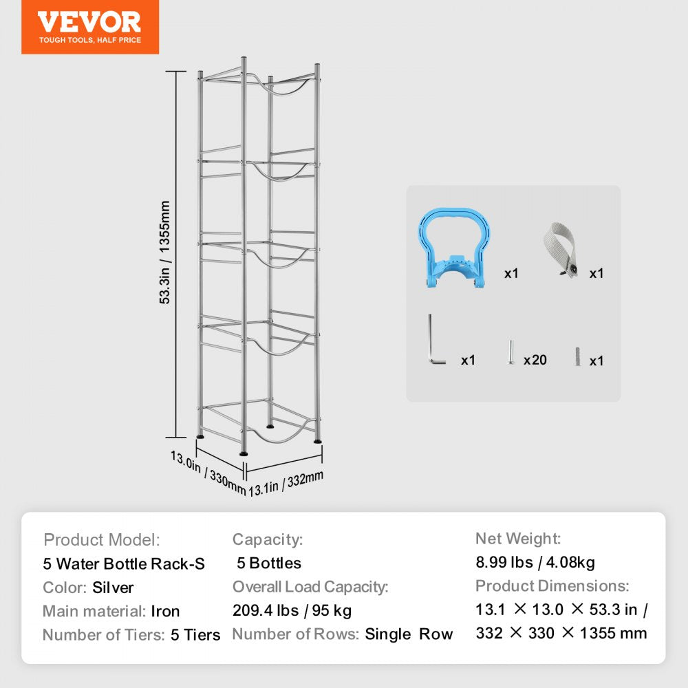 VEVOR 5 Tiers Water Jug Holder, 5 Gallon Water Bottle Holder, Single Row Water Bottle Rack for 5 Bottles, Heavy Duty Water Jug Rack for Kitchen, Office, Living Room, Silver