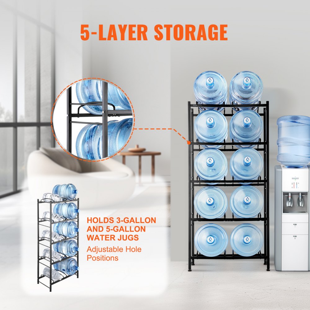 VEVOR 5 Tiers Water Jug Holder, 5 Gallon Water Bottle Holder, Double Row Water Bottle Rack for 10 Bottles, Heavy Duty Water Jug Rack for Kitchen, Office, Living Room, Black