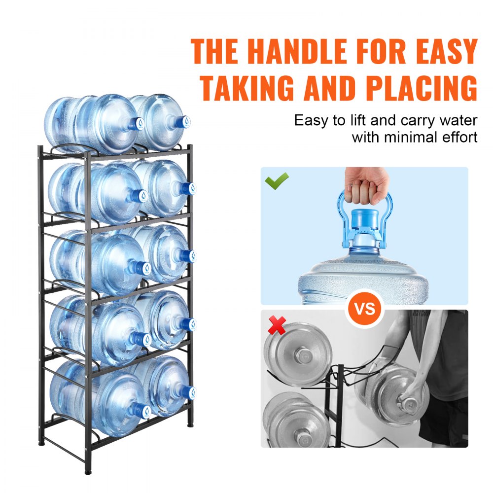 VEVOR 5 Tiers Water Jug Holder, 5 Gallon Water Bottle Holder, Double Row Water Bottle Rack for 10 Bottles, Heavy Duty Water Jug Rack for Kitchen, Office, Living Room, Black