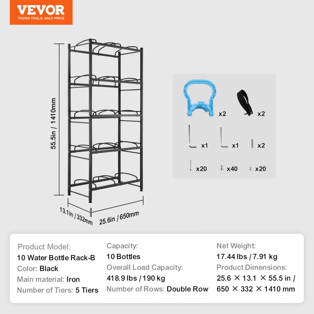 VEVOR 5 Tiers Water Jug Holder, 5 Gallon Water Bottle Holder, Double Row Water Bottle Rack for 10 Bottles, Heavy Duty Water Jug Rack for Kitchen, Office, Living Room, Black