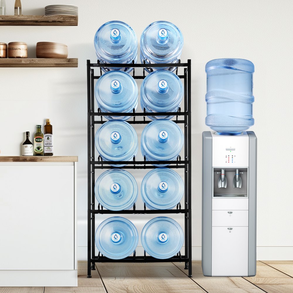 VEVOR 5 Tiers Water Jug Holder, 5 Gallon Water Bottle Holder, Double Row Water Bottle Rack for 10 Bottles, Heavy Duty Water Jug Rack for Kitchen, Office, Living Room, Black