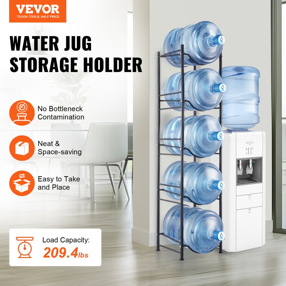 VEVOR 5 Tiers Water Jug Holder, 5 Gallon Water Bottle Holder, Single Row Water Bottle Rack for 5 Bottles, Heavy Duty Water Jug Rack for Kitchen, Office, Living Room, Black