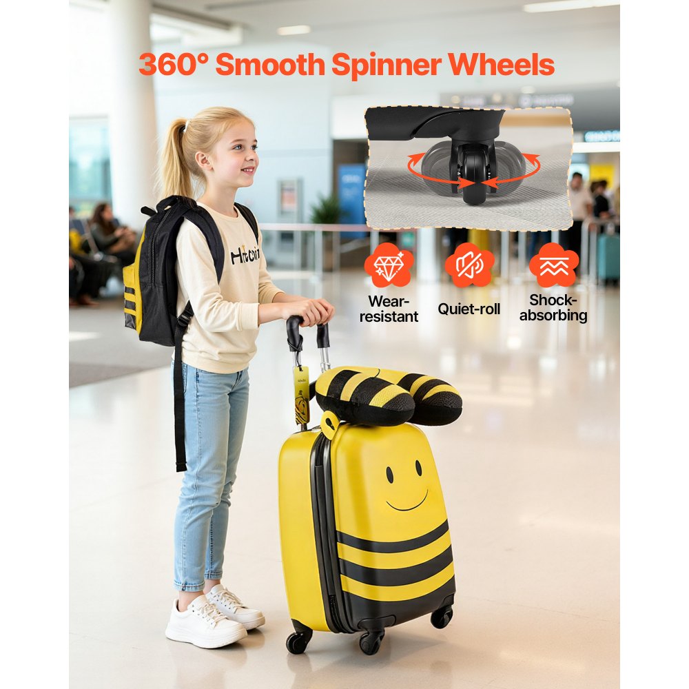 VEVOR Kids Luggage Set, 5 Piece, 18 Inch Hardside Rolling Wheels Suitcase with Backpack & U-shape Pillow, Bee Kids Carry on Luggage Set, Holiday Birthday Gift for Girls Boys, Airline Approved