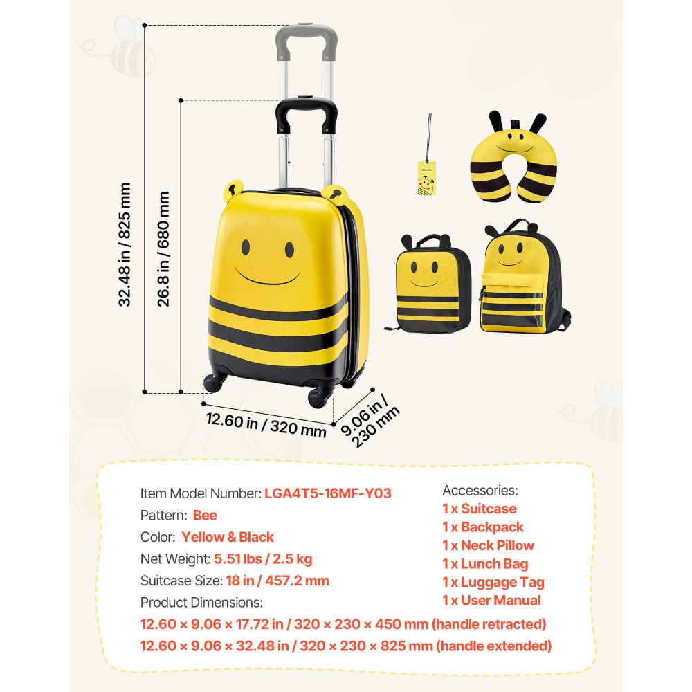 VEVOR Kids Luggage Set, 5 Piece, 18 Inch Hardside Rolling Wheels Suitcase with Backpack & U-shape Pillow, Bee Kids Carry on Luggage Set, Holiday Birthday Gift for Girls Boys, Airline Approved