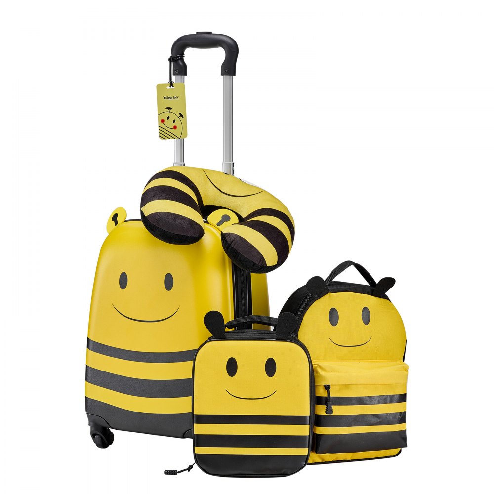 VEVOR Kids Luggage Set, 5 Piece, 18 Inch Hardside Rolling Wheels Suitcase with Backpack & U-shape Pillow, Bee Kids Carry on Luggage Set, Holiday Birthday Gift for Girls Boys, Airline Approved