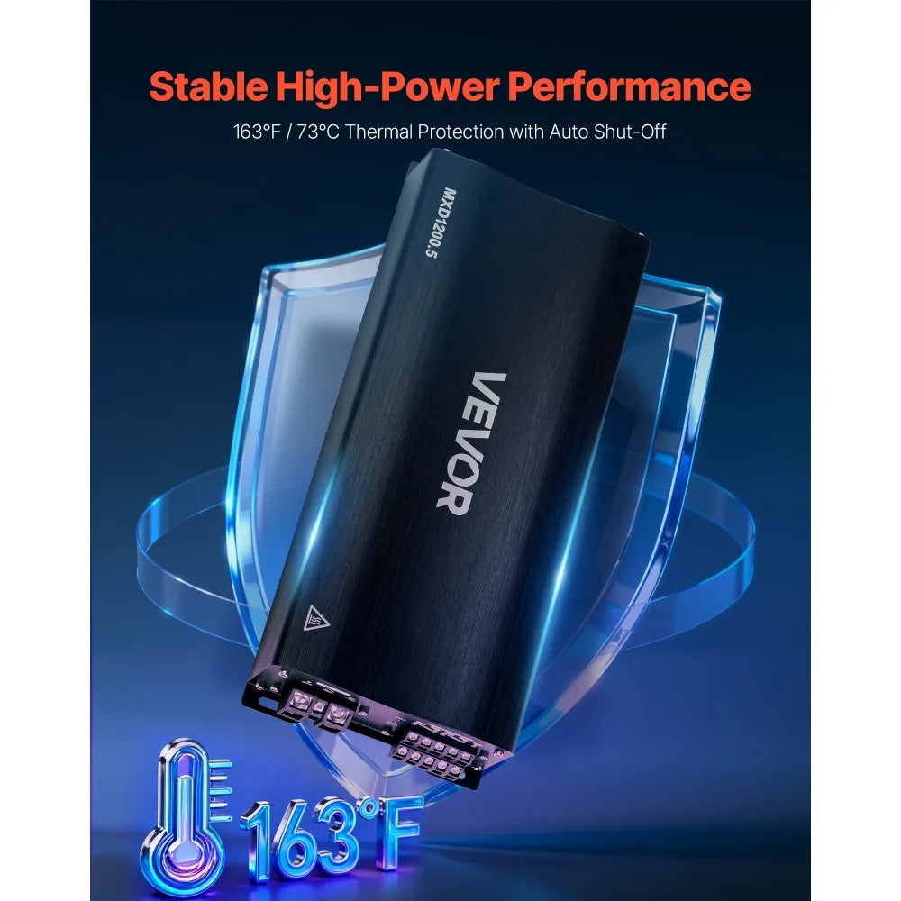 VEVOR Car Audio Amplifier, 5-Channel Bridgeable Car Amplifier, Multichannel Class D Stereo Amp, Max. 4 x 100W at 4 Ohms / 4 x 200W at 2 Ohms + 1 x 1000W at 2 Ohms / 1 x 500W at 4 Ohms, for Vehicles