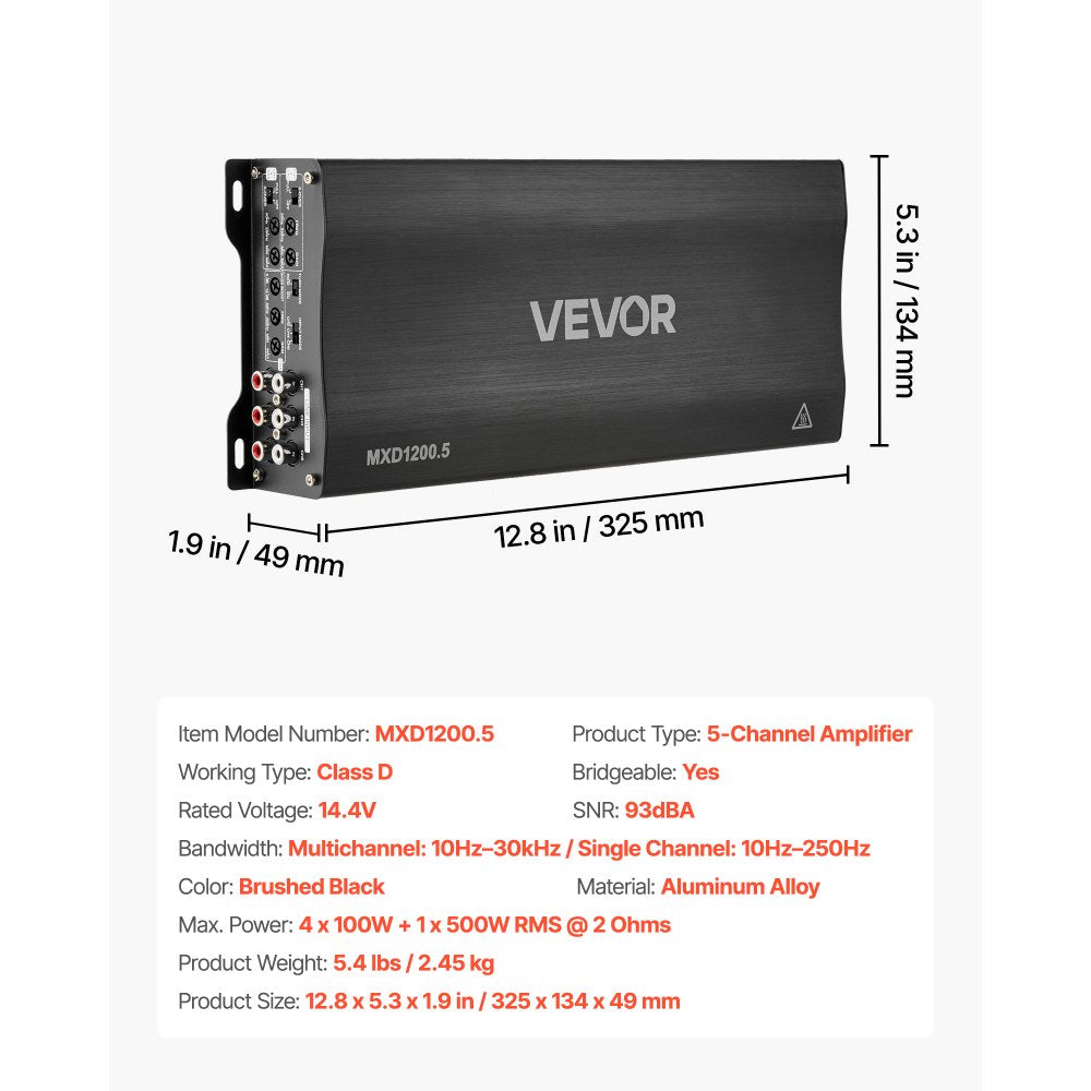 VEVOR Car Audio Amplifier, 5-Channel Bridgeable Car Amplifier, Multichannel Class D Stereo Amp, Max. 4 x 100W at 4 Ohms / 4 x 200W at 2 Ohms + 1 x 1000W at 2 Ohms / 1 x 500W at 4 Ohms, for Vehicles