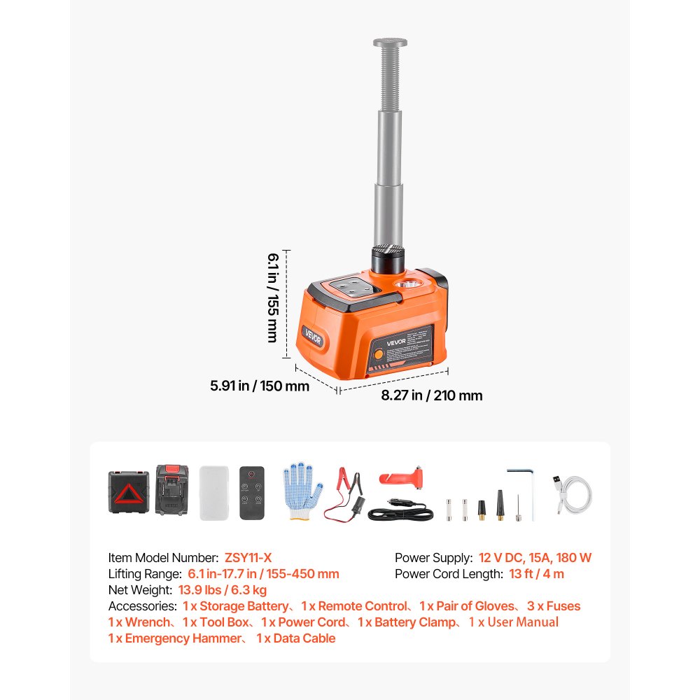 VEVOR 5T Cordless Electric Car Jack with Remote Control & 3600mAh Battery, 12V Hydraulic Car Floor Jack, 6.1-17.7 in Lift Height, Portable Tire Change Tool with LED Light for SUV Sedan Pickup MPV