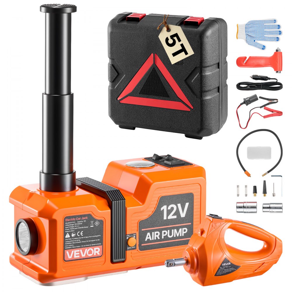 VEVOR 5T Electric Hydraulic Car Jack with Built-in Air Pump & Impact Wrench, 12V Floor Lift Jack, 6.1-17.7 in Lift Height, Portable Tire Change Tool Inflator Pump with LED Light for SUV Sedan Pickup