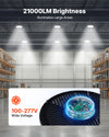 LED High Bay Lights installed in warehouse showing 21000LM brightness and 100-277V wide voltage
