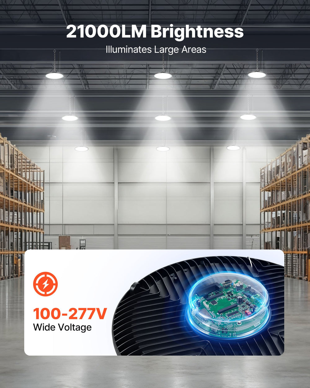 LED High Bay Lights installed in warehouse showing 21000LM brightness and 100-277V wide voltage