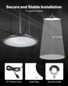 Secure and stable installation graphic with 7ft power cord, hook ring, and security cable